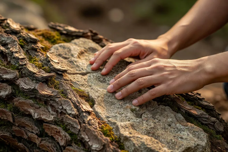 Mains touchant une surface naturelle, connexion à la texture