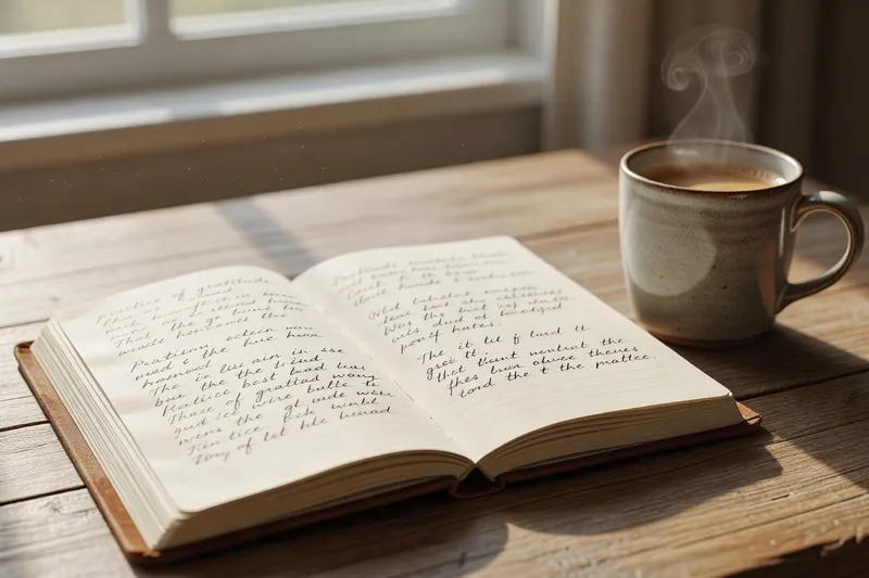 Journal de gratitude ouvert, stylo, fleurs, lumière du matin