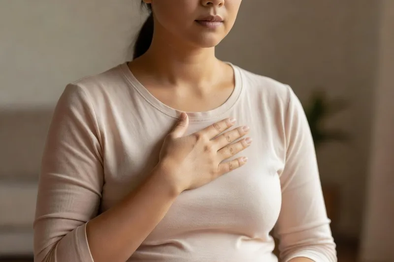 Mains posées sur la poitrine, respiration abdominale, lumière douce