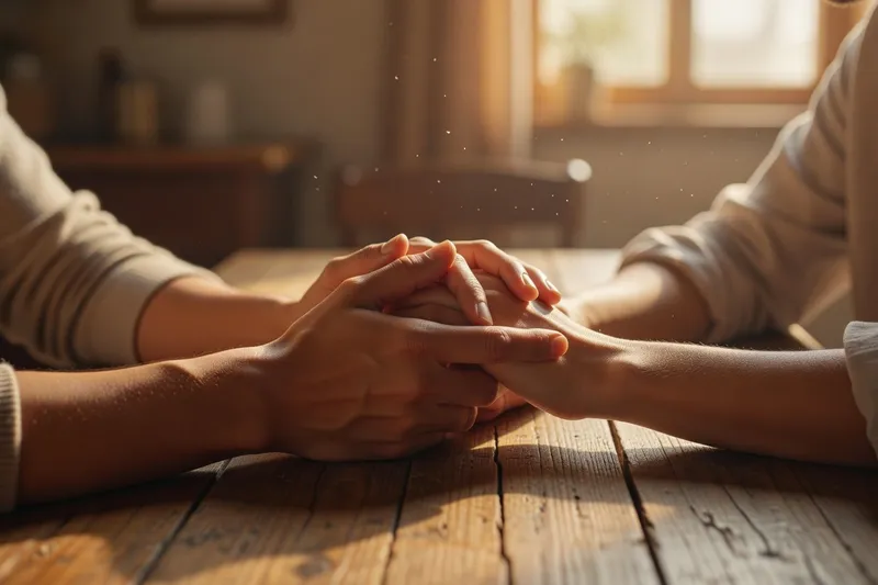 Mains enlacées sur table en bois, présence dans le couple