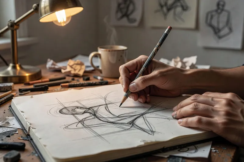 Mains dessinant dans un carnet, état de flow créatif en pleine présence