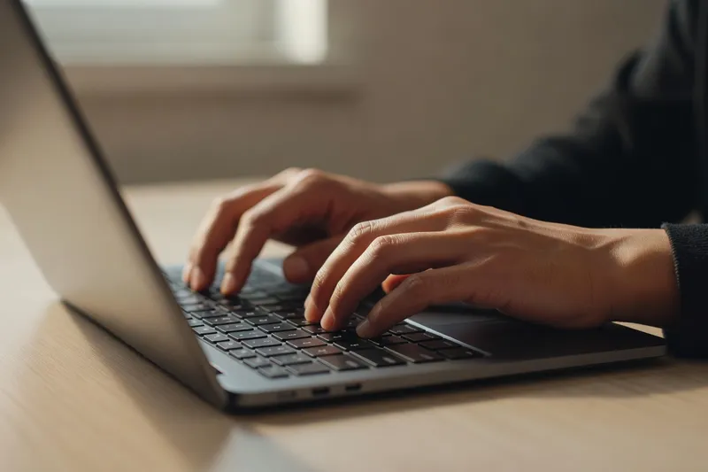 Mains tapant sur ordinateur portable en état de flow au travail