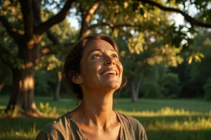 Sourire authentique, lumière naturelle, regard vers le ciel
