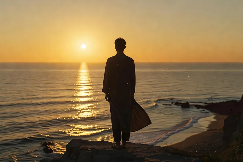 Silhouette au coucher du soleil, sentiment de sens et de direction, concept ikigai