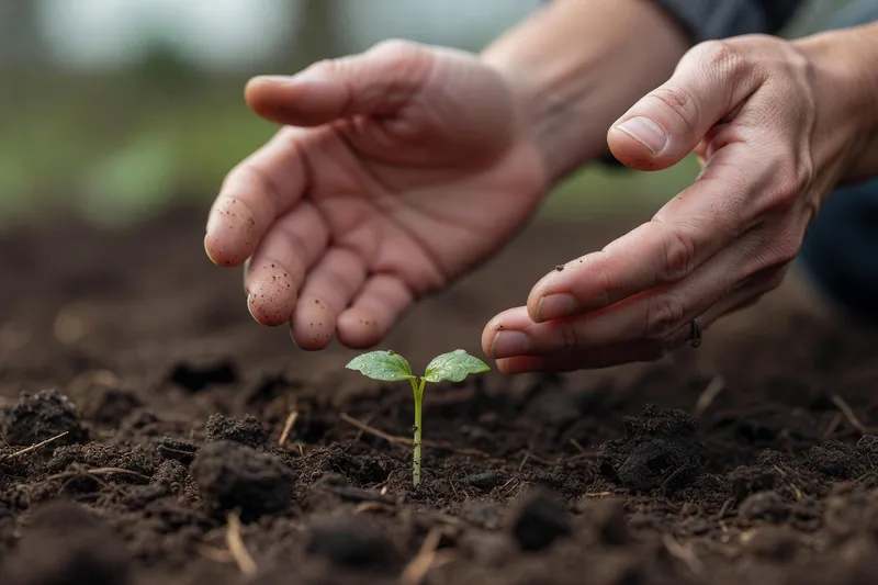 Jeune pousse dans la terre, soin attentif du jardinage conscient