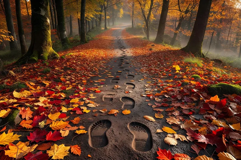 Pas sur un sentier forestier recouvert de feuilles, marche méditative en automne
