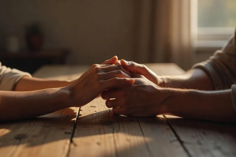 Mains entrelacées du couple à la lumière du soir, présence amoureuse consciente