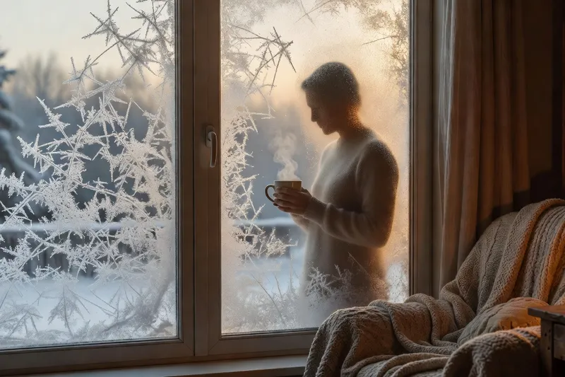 Givre sur vitre du matin, silhouette intérieure avec boisson chaude, présence saisonnière