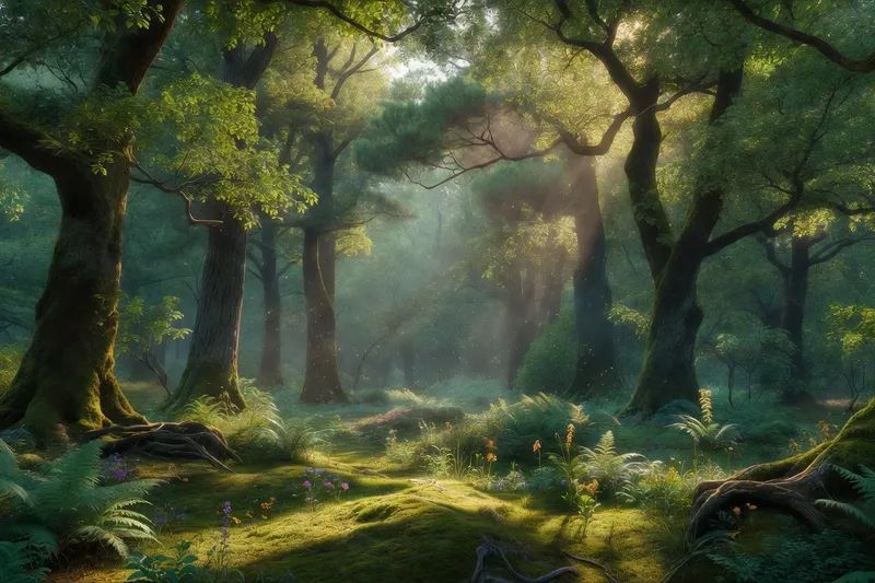 Rayons de lumière à travers la canopée de la forêt, bain de forêt shinrin-yoku